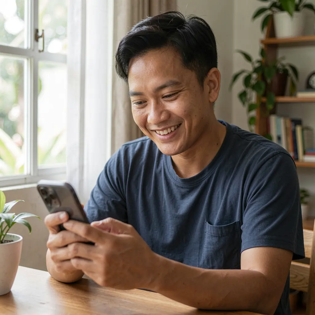 Filipino man enjoying the T9888 mobile casino app on his smartphone with a smile in a bright indoor setting