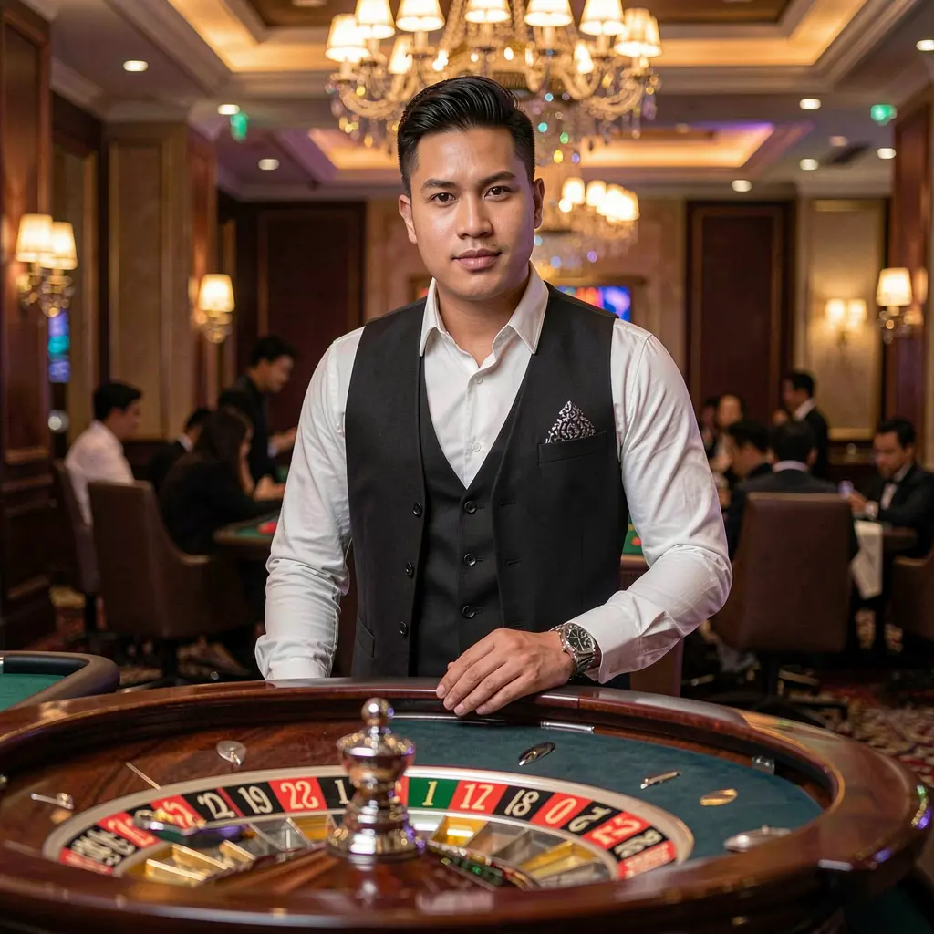 Modern live casino dealer standing confidently at a glowing roulette table with vibrant lights representing the premium gaming atmosphere of T9888 for players in the Philippines