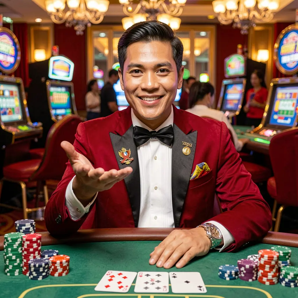Professional casino presenter inviting players to sign in at a vibrant table with cards and chips inside the T9888 online casino platform for the Philippines